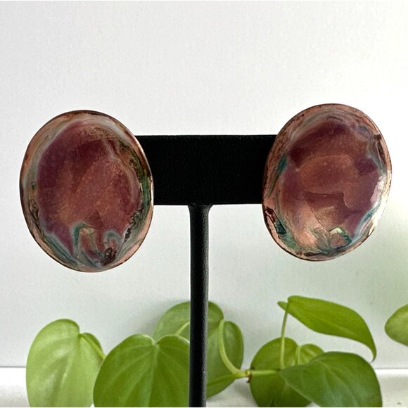 Abstract Design Enamel & Hammered Copper Earrings For Pierced Ears - Picture 2 of 8